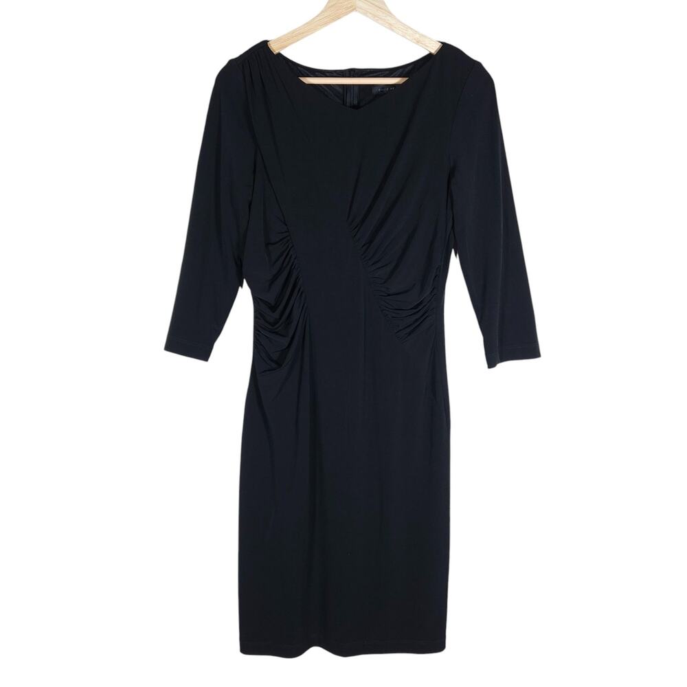 David Meister 6 Black Ruched Sheath Dress 3/4 Sleeve Classic Minimalist Designer